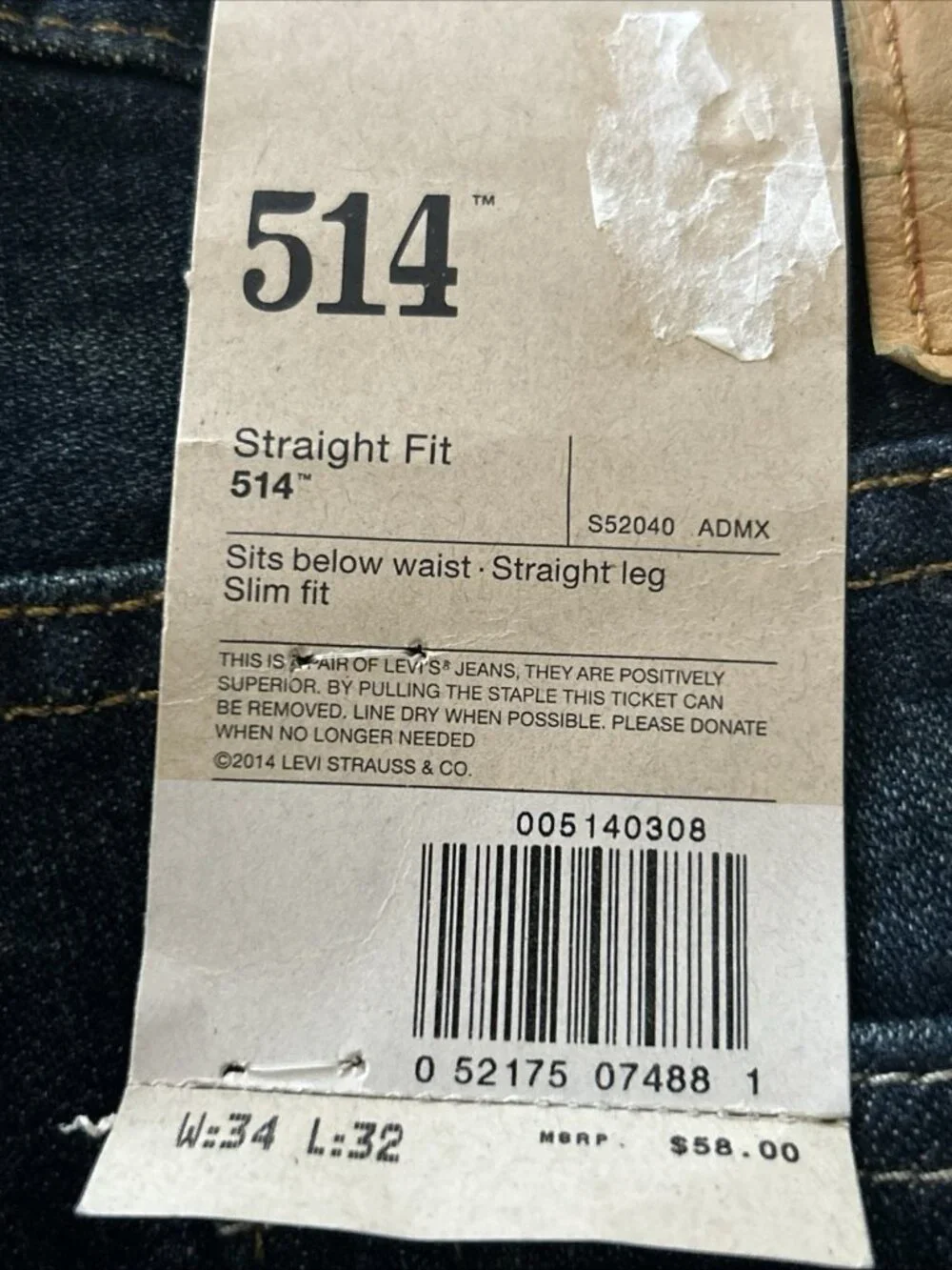 Levi's 514 Straight Leg Jeans Men’s 34x32 Slim Fit Blue Dark Wash Cotton Denim